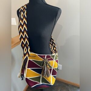 Beautiful boho woven wearable art multi color bag/purse. Barrel/bucket shape.